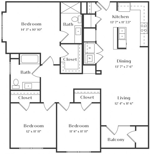 Floor plan for 3 beds, 2 baths, 1331 sqft